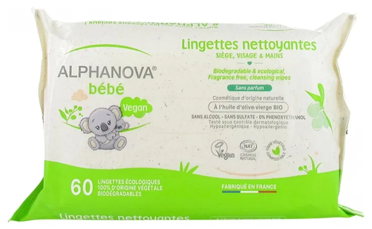 Alphanova Bébé Bio Lingettes Nettoyantes Biodégradables